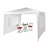 Relaxdays Pavillon 3x3 m, 2 Seitenteile, Metall Gestell, PE Plane, Fenster, Festival Partyzelt, Geschlossen, Weiß