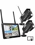 Tonton 5MP Easy Überwachungskamera Set mit Monitor, 7'Zoll Tragbarer LCD-Touchscreen mit Akku, 4CH Wireless NVR Bildschrim, 2x3MP Kamera, Gegensprechfunktion, 30M Farbnachtsicht, 32GB SD Karte,Schwarz