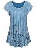 Vafoly Sommer Oberteile Frauen, Frauen Sommer Kurzarmshirt Kleiden Lang Größe Größen Oberteile Hübsch Klassisch Weich Tops mit Faltensaum Freizeit Arbeit Tunika Shirt Blaue Blumen 3XL