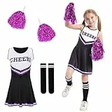 DAZZTIME Cheerleader Kostüm Kinder,Cheerleadering Outfit Mädchen,Kinderkostüm Cheerleader,Cheerleader Kostüm Mädchen,Kinder Cheer Outfit mit Pompoms Socken für Karneval Halloween,Fasching,Mottoparty