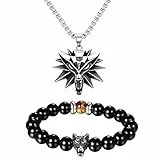 Flongo Armband Halskette Schmuck Set Wikinger Wolf Energiestein Perlen Chakra Armband Viking Edelstahl Kette mit Wolfskopf Anhänger schwarz Achat Onyx Armbänder Schmuckset Elastisch für Unisex Herren