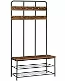 HOOBRO Garderobenständer, Garderobe, Kleiderständer mit 12 Haken, Sitzbank, Schuhregal mit Sitzfläche, 35.5 x 100 x 182 cm, für Flur, Schlafzimmer, Wohnzimmer, Dunkelbraun-Schwarz EBF05MT01