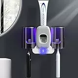 Zahnbürstenhalter für Badezimmer, Automatischer Zahnpastaspender Platzsparender Zahnbürsten- und Zahnpastahalter, Zahnbürstenhalter Wandmontiert mit 2 Tassen für Badezimmer (Grau)