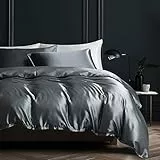 Boqingzhu Satin Bettwäsche 135x200cm Grau Dunkelgrau Anthrazit Uni Einfarbig Glatt Glänzend Luxus Seide Bettwäsche Set Bettbezug mit Reißverschluss und Kissenbezug 80x80cm