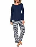 Crewhpo Damen Schlafanzug Langärmliger Pyjama Baumwolle Zweiteiliger Schlafanzüge Set Gestreifter Nachtwäsche Nachthemd mit Lang Pyjamahose Einfarbiger Hausanzug Sleepwear
