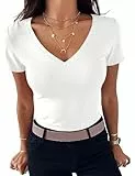 Totatuit Damen T-Shirt V-Ausschnitt Elegant Oberteile Kurzarm Basic Tee Shirts Slim Fit Tshirt Stretch Sommer Tops Weiß S