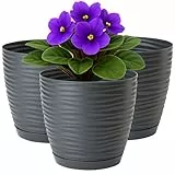 Home Garden Ornaments Blumentopf Übertopf Set 3er Kunststoff Ø 15 cm Anthrazit – Pflanztöpfe mit Drainagelöchern & integriertem Untersetzer, Wellenstruktur, für Innen & Außen