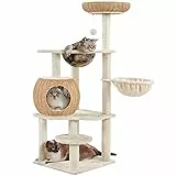 Yaheetech Kratzbaum, 137,5cm Rattan Katzenbaum für große Katze, Stabiler Kletterbaum mit Katzenhaus waschbare Kissen Korb Sisalstämme, Beige