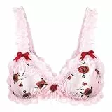 Satini Sissy Rüschen Spitze Tailliert Satin Bralette BH (Zartrosa - rote Rosen, XXL)