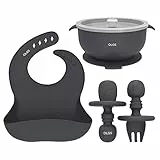 OLGS Silikon Kindergeschirr 3er Set für Baby & Kind | Kinder Geschirr, Lätzchen, Schüssel mit Saugnapf | Kinderbesteck, Löffel Gabel STARTER BPA Frei | Rutschfest | Geschirrset ab 6 Monate (Dark Grey)