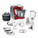 Bosch Küchenmaschine Serie 4, integrierte Waage, Edelstahl-Schüssel 3,9L, Mixer 1,25L, Profi-Knethaken, Rührbesen spülmaschinenfest, Durchlaufschnitzler, 1000 W, Dunkelrot , MUM5X720