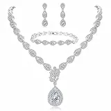 Deyanse Hochzeit Schmuckset, Träne Halskette & Ohrringe Hängend & Armband Set, Silber Braut Schmuckset mit AAAAA Weiß Zirkonia, Damen Schmuck Set mit Geschenkbox für Braut Liebhaber Frauen