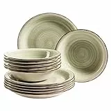MÄSER Teller-Set für 6 Personen im modernen Vintage Look, 12-teiliges Tafelservice, handbemalt, Grün, Steingut, Olivgrün (Bel Tempo II)