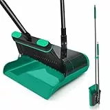 JEHONN Besen und Kehrschaufel Set mit Langem Stiel 136 cm, 180 Grad Drehbar Camping Kehrbesen Innen und Aufgerüstet Groß Schaufel für Vorzelt, Haus, Büro, Lobby, Terrasse (Grün)