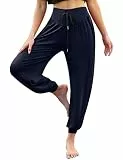 Terecey Yogahose Damen Lang Haremshose Sommer Leicht Pumphose Ballonhose Pluderhose Locker Freizeithose Jogginghose Yoga Hose mit Taschen, Blau M