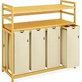 AdelDream Premium Wäschekorb 200L – Wäschesortierer mit 4 Fächern & 2 Ablagen, Bambus Wäschebox mit ausziehbarem & abnehmbarem Wäschesack, Beige