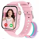 Kinder Smartwatch, GPS Smartwatch für Kinder, 4G KinderUhr Telefon Video/Voice Smart Familienchat SMS/WIFI/SOS Sport Schrittzähler Spiele, Kindergeschenke Armbanduhr für ab 4 Jahren, DunkelRosa