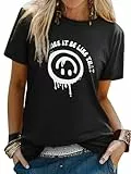 WIEIYM Tshirt Damen Sommer T Shirts Rundhals Kurzarm T-Shirts Brief Leichtes Shirt Gedruckt Lässig Tee Shirts Oberteile Tops Bluse,A-Schwarz,S