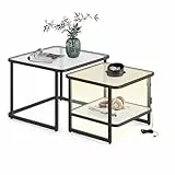 VASAGLE Couchtisch, 2er-Set mit LED-Beleuchtung, quadratischer Beistelltisch, modern, Milchglas, untere Ablage, für Wohnzimmer, Schlafzimmer, Büro, wolkenweiß-tintenschwarz LCT246B01