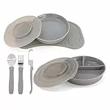 Twistshake Babygeschirr-Set - 6 Teilig | 1x Baby-Silikon-Tischset - 1x Kinderteller - 1x geteilter Teller - 3x Lernbesteck aus Edelstahl | Geschirr für die Entwöhnung | 6 Monate+ | Grau