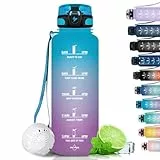 Grsta Trinkflasche 1,5 Liter - Trinkflasche Sport, BPA Frei, Wasserflasche Kohlensäure Geeignet, Auslaufsicher, Wasserflasche mit Filter und Zeitmarkierung für Fahrrad, Fitness, Büro und Outdoor