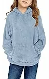 Runcati Pullover Mädchen Kapuzenpullover Fuzzy Teddy Fleece Sweatshirts mit Kapuze Taschen Freizeit Warm Kinder Hoodies,Blau,12-14Jahre
