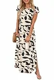 PLOKNRD Sommerkleid Damen Rundhalsausschnitt Maxi Freizeit Kleid mit Taschen Kurzarm Elegantes Schlitz Strandkleider Langes Shirtkleid Schwarze Blätter XL