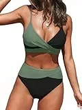CUPSHE Damen Bikini Set Crossover V Ausschnitt High Waist Tank Bikini Bademode Farbblock Elegant Zweiteiliger Badeanzug Swimsuit Schwarz/Grün L