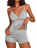 Avidlove Pyjama Damen Sexy Kurz Schlafanzug Frauen Sommer Spitze Nachtwäsche V-Ausschnitt Zweiteiliger Pjs Sets Hausanzug Sleepwear Set,GrauXL