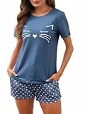 Reliwel Schlafanzug Damen Kurz Baumwolle Pyjama Set Kurzarm Nachtwäsche Set Sommer Zweiteiliger T-Shirt und Damen Pyjamahose Sleepwear Hausanzug Loungewear Hellblau, M