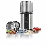 Cloer 7419 Elektrische Kaffee- und Gewürzmühle mit Edelstahl-Schlagmesser, 350W, 2 abnehmbare Edelstahlbehälter, für Pesto, Kräuter, Nüsse und Getreide, bis zu 80 g Kaffeebohnen, Schutzdeckel