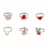 Holibanna 6Pcs Weihnachtsring Set Metall Weihnachtsbaum Rentier Santa Hut Schneeflocke Ringe für Frauen Mädchen Winterurlaub Party Liefert Begünstigt Tischdekoration