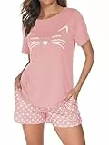 Reliwel Schlafanzug Damen Kurz Baumwolle Pyjama Set Kurzarm Nachtwäsche Set Sommer Zweiteiliger T-Shirt und Damen Pyjamahose Sleepwear Hausanzug Loungewear Rosa, M