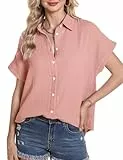 Aottori Oberteile Damen Elegant Blusen Tunika V Ausschnitt Bluse Shirts Streetwear Kurzarm Oberteil Tops Tiefes Rosa L
