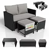 Juskys 2in1 Polyrattan Relax Gartenmöbel Set Jamaika - Tisch, Gartenlounge Sofa - Balkonmöbel Sitzgruppe für Balkon, Garten - Outdoor Lounge schwarz/grau