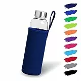 NOMA Glasflasche 0,5l mit Neoprenhülle | Trinkflasche aus Glas in 500ml, 600ml & 1000ml mit Schutzhülle und Edelstahldeckel | Wasserflasche für Sport, Büro, Schule & Outdoor | Dunkelblau