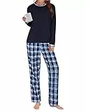 Uniexcosm Schlafanzug Damen Lang Pyjama Baumwolle Nachtwäsche Winter Schlafanzüge Rundhals Langarm Oberteil und Pyjamahose Loungewear C:PAT5 M