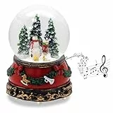 Schneekugel Schneemann Steht Kind auf Schlitten | Sockel Weihnachten rot Tannengirlande | mit Spieluhr | Schüttelkugel Weihnachtsdekoration | B: 10 cm H: 14 cm | 20259