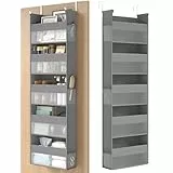 SONGMICS Hängeorganizer, Hängeregal, Tür-Organizer, Hängeaufbewahrung, Türregal Stoff, transparentes Nylonnetz, faltbar, Metallhaken, Seitentaschen, Taubengrau RDH007G01