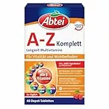 Abtei A-Z Komplett Langzeit-Multivitamine - mit natürlichem Vitamin C - Nahrungsergänzungsmittel für Vitalität und Wohlbefinden - laborgeprüft, hochdosiert und vegetarisch - 1 x 40 Tabletten