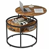 WLIVE Couchtisch Rund mit Hebeplatte, Wohnzimmertisch Höhenverstellbar mit Stauraum, 60 x 60 x 50 cm, Kaffeetisch für Wohnzimmer, Balkon und Büro (Rustikales Braun, 60 Durchmesser)