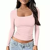 OOHOKAY Langarmshirt Damen U-Ausschnitt Basic Oberteile Y2K Slim Fit Tshirt Crop Tops Lässige Streetwear(Hellrosa-U1,L)