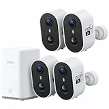aosu 2K Überwachungskamera Aussen Akku 4er-Kit mit Aosubase 2.0 Kein ABO Nötig 32GB Lokal Speicher Kabellose Kamera Überwachug Aussen PIR Bewegungssensor Licht Tonalarm 2-Wege-Audio Farb-Nachtsicht