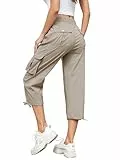 Hormtaer Hose Damen 3/4 Sommer Casual Cargohose Caprihose Jogginghose Comfy Stretch Leichte Outdoor Sport Reise Wanderhose Mit 6 Taschen (Khaki, XXL)