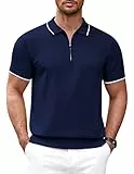 COOFANDY Herren-Poloshirt mit Reißverschluss, lässig, gestrickt, kurzärmelig, Klassische Passform, Marineblau, XL
