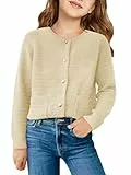 Haloumoning Mädchen Rundhals Cardigan Langarm Strickjacke Pullover Kinder Mode Leichter Strickpullover, Aprikose, 5-6 Jahre