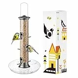 iBorn Vogelfutterspender,Futterstation für Knödelmit 6 Anflugplätzen,20 cm Futterteller,Vogelfutterhaus aus Aluminium Metall zum Aufhängen,Wildvögel Futtersäule,Futtersilo,Schwarz-Höhe 38 cm