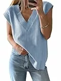 Saodimallsu Damen V-Ausschnitt Pullover Weste Oversized Ärmellos Tank Tops Leichtgewicht Strickpullover Sommer Elegante Oberteil Hellblau XL