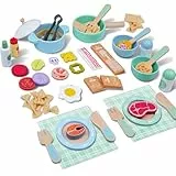 SIMPLIPLAY Spiel-Kochset aus Holz, Holz-Kochset, Montessori-Spielküchenzubehör, Spielzeug-Lebensmittelsets für Kinderküchen mit Spielzeug-Töpfen und -Pfannen, Spielzeuggeschirr, Einkaufstasche