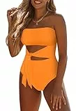 Pink Queen Damen Bandeau One Piece Badeanzug High Cut Bauchweg Trägerloser Tie Waist Monokini Bademode Hellorange M